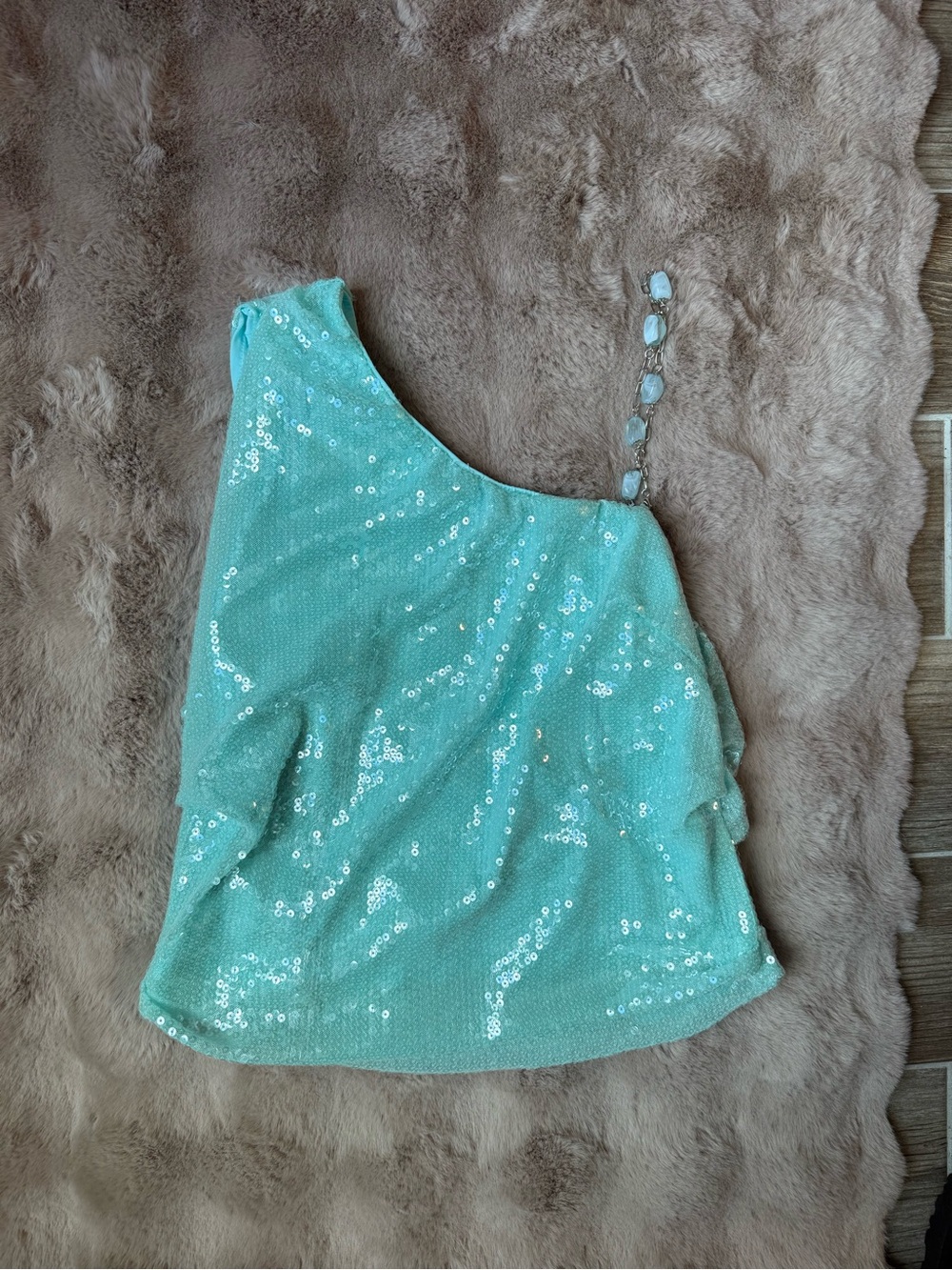 Light blue sequin one shoulder top with beaded strap, XL